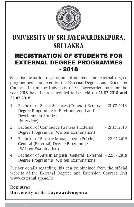 Registration of Students for External Degree Programmes 2018 - University of Sri Jayewardenepura